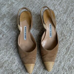 Manolo Blahnik Brown and Tan Suede Slingback Heels